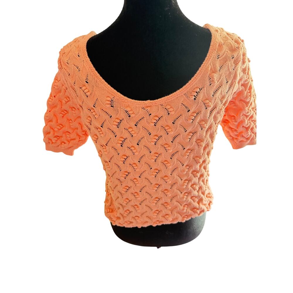 Eight Eight Eight Open Knit Cable Sweater Womens M Peach Textured Short Sleeve - Picture 2 of 7